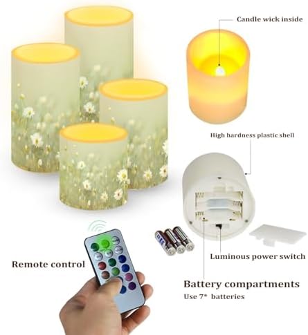 Flameless Candles Battery Powered LED Pillar Candles Tealights with Remote Timer Color Changing Control for Indoor Outdoor Home Tabletop Decoration Set of 4, Daisy Floral Green - Image 2