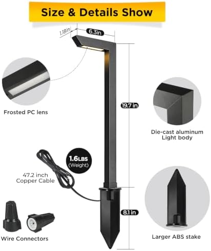 Gardencoin 3CCT LED Low Voltage Landscape Pathway Light, 12V Premium 3000K/4000K/5000K Selectable Path Lights Wired, Modern Walkway Lights Outdoor, Higher Housing with Larger Stake (19.71IN, 4pack) - Image 6