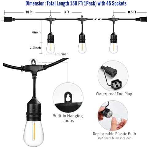 150 FT Outdoor String Lights for Outside Black with 48pcs Replaceable S14 Edison Lights 2200K, Weatherproof for Patio Pergola Gazebo Backyard, 1-Pack, Hooks and Zip Ties Included, Connectable - Image 2