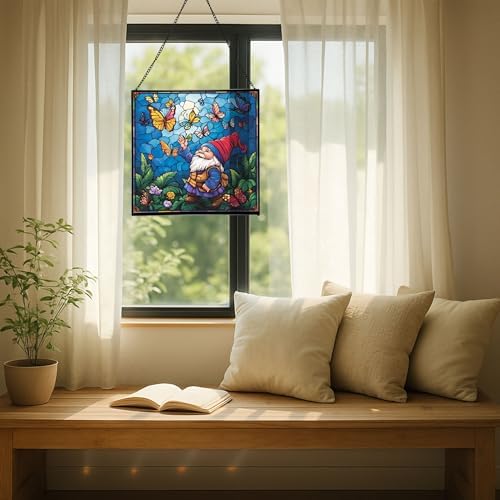 Gnome with Butterfly Friends Stained Glass Suncatcher – Square Hanging Window Panel for Home or Greenhouse – Whimsical Glass Art Gift for Garden Lovers, Christmas, Halloween, Father Days uDX7Wi - Image 7