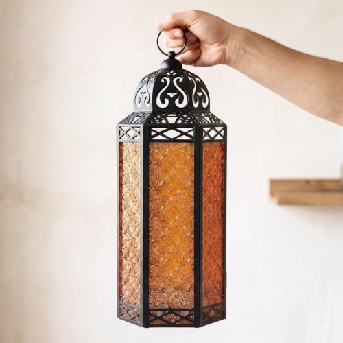 Vela Lanterns Decorative Indoor Candle Holder Table Centerpieces - Moroccan Hanging Outdoor Patio & Porch Home Decor, Turkish Floor Lamp for Wedding, Ramadan, Halloween (Extra Large 16", Amber Glass) - Image 3