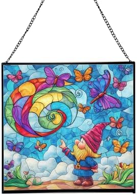 Gnome with Butterfly Friends Stained Glass Suncatcher – Square Hanging Window Panel for Home or Greenhouse – Whimsical Glass Art Gift for Garden Lovers, Christmas, Halloween, Father Days QXO4Ef by Custom