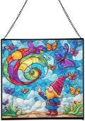 Gnome with Butterfly Friends Stained Glass Suncatcher – Square Hanging Window Panel for Home or Greenhouse – Whimsical Glass Art Gift for Garden Lovers, Christmas, Halloween, Father Days QXO4Ef by Custom