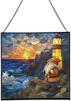 Gnome Lighthouse Keeper Stained Glass Suncatcher – Square Hanging Window Panel for Home or Greenhouse – Whimsical Glass Art Gift for Garden Lovers, Christmas, Halloween, Father Days 1JufKK by Custom