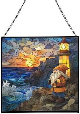 Gnome Lighthouse Keeper Stained Glass Suncatcher – Square Hanging Window Panel for Home or Greenhouse – Whimsical Glass Art Gift for Garden Lovers, Christmas, Halloween, Father Days 1JufKK by Custom