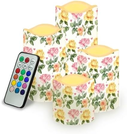 Yellow Pink Rose Flickering Flameless Candles Pillar LED Candles with Remote and Timer Set of 4 Color Changing Battery Operated Candles for Valentines Home Wedding Birthday Decoration by Uorisanigo