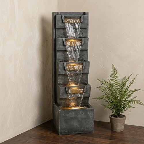 39.4" Outdoor Water Fountain, Tall 4-Tier Cascading Waterfall Fountain with Warm LED Lights, Stone-Look Resin Water Feature with Quiet Pump for Patio Garden Porch Entryway Backyard Decor - Image 6