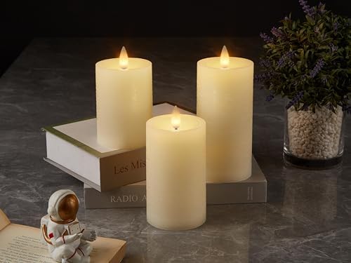 Flameless Pillar Candles Flickering with Remote Timer, Battery Operated LED Candles Up to 400 Hours, 3D Moving Flame Real Wax Candles. (Ivory Water Ripples, Set of 3) - Image 2