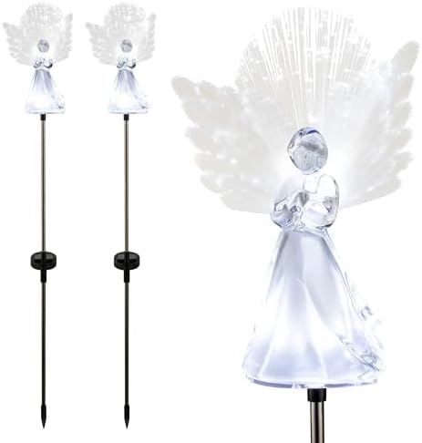 Alpine Corporation 37”H Outdoor Solar Angel Garden Stakes with Fiber Optic Wings and LED Lights (Set of 2) - Image 3