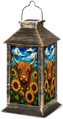 Solar Lantern Highland Cow Sunflowers Stained Glass Style Outdoor Waterproof Hanging Solar Light Outside Lights for Patio Yard House Lawn Decor Birthday Gifts for Women Mom by Unknown