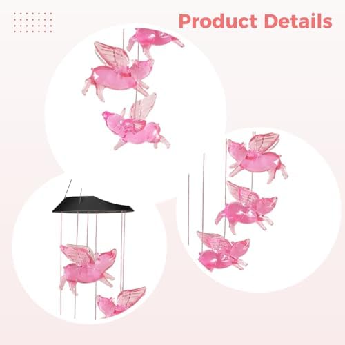 Flying Pig Wind Chime, 6-Led Solar Color Changing Mobile, 31.5 In / 80 Cm Black Shell Outdoor Decor, Gifts For Pet Lovers - Image 4