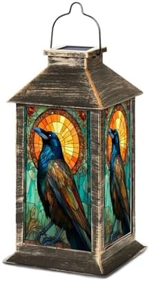 Solar Lantern Stained Glass Raven Vibrant Feathers Golden Sun Wildlife Art Outdoor Waterproof Hanging Solar Light Outside Lights for Patio Yard House Lawn Decor Birthday Gifts for Women Mom by Unknown