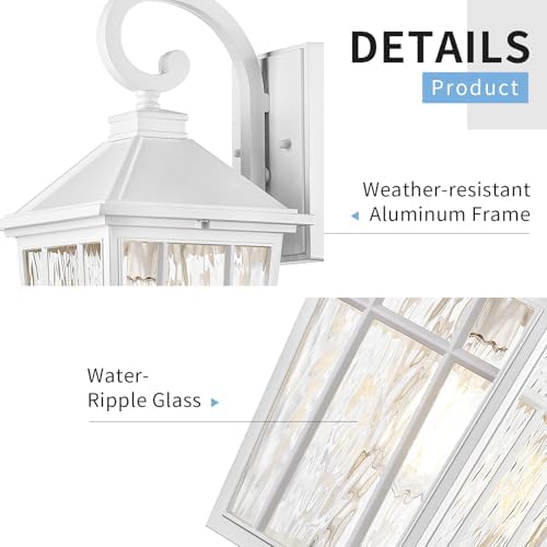 Darkaway 2pcs Large Outdoor Wall Lights for House, 18inch Exterior Lighting Fixtures Wall Mount White Outside Wall Sconce with Water Ripple Glass for Porch Patio Front Door - Image 4