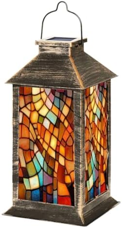 Solar Lantern Illusion Stained Glass Outdoor Garden Hanging Lantern Waterproof Solar Powered Lighting Outside Table Lamp for Patio Deck Yard Camping Beach House Decor, 1 Pack by Unknown