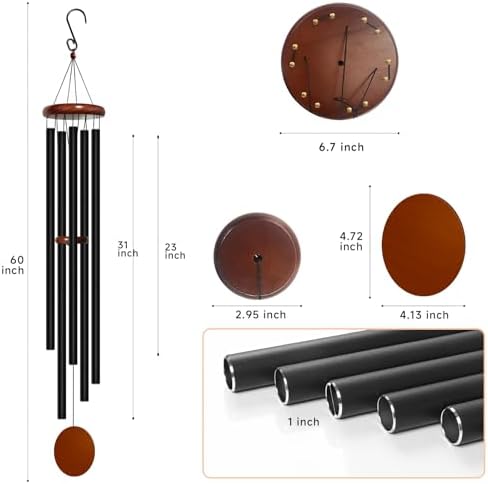 Bursvik 60" Aluminum Wind Chimes for Outside (Black), 5 Heavy Duty Tubes - Image 3