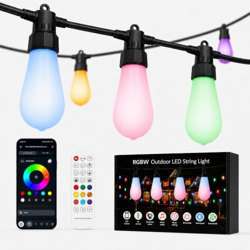 Outdoor String Lights for Patio,50FT RGBW App Remote,20 Bulbs by QR