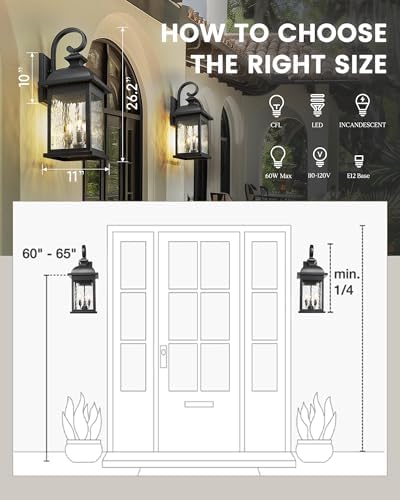 FEMILA 26" Outdoor Wall Light, Large Exterior Wall Lantern with Water Ripple Glass, 3-Light Outdoor Wall Light Fixtures for Entryway, Patio, Garage, Doorway, E12 Base, 4FD54B-L BK - Image 2