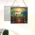 White Horse Trotting Across Bridge at Sunrise Square Suncatcher – Stained Glass Style Window Panel with Pastoral Scene, Custom Decorative Hanging Art for Equestrian Home, Christmas RWwXRI - Image 4