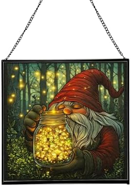 Firefly Jar Gnome Stained Glass Suncatcher – Square Hanging Window Panel for Home or Greenhouse – Whimsical Glass Art Gift for Garden Lovers, Christmas, Halloween, Father Days 4zcs2j by Custom