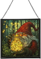 Firefly Jar Gnome Stained Glass Suncatcher – Square Hanging Window Panel for Home or Greenhouse – Whimsical Glass Art Gift for Garden Lovers, Christmas, Halloween, Father Days 4zcs2j by Custom