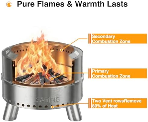 20 Inch Smokeless Fire Pit with Removable Ash Pan, Fire Pits for Outside Wood Burning, Portable Bonfire Outdoor Firepit, Bag & Poker Included, Stainless Steel (Silvery- with Legs-Fire Pit) - Image 5