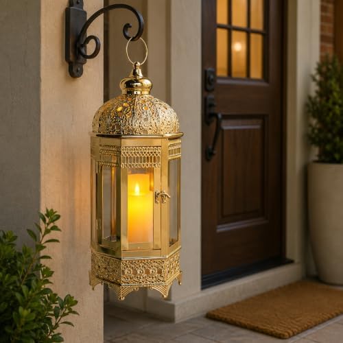 TRIROCKS Moroccan Candle Lantern16'' Gold Hexagonal Candle Holder with Tempered Glass Decorative Indoor Outdoor Ramadan Lantern for Living Room Garden Yard Patio Parties Events (Gold) - Image 4