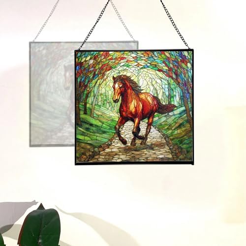 Chestnut Standardbred Horse Trotting Down Hillside Road Square Suncatcher – Stained Glass Style Window Panel with Pastoral Scene, Custom Decorative Hanging Art for Equestrian Home, Christmas SZMmNq - Image 4