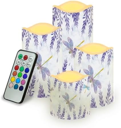 Purple Dragonfly Floral Flickering Flameless Candles Pillar LED Candles with Remote and Timer Set of 4 Color Changing Battery Operated Candles for Home Decoration by Uorisanigo