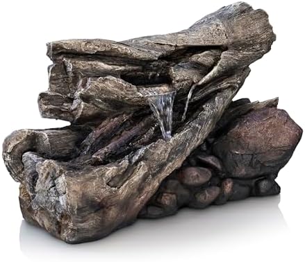 Alpine Corporation 24" Tall Outdoor 2-Tier Fallen Tree Trunk Water Fountain with LED Lights, Rustic Cascading Design for Garden, Patio & Yard Decor, Beige by Unknown