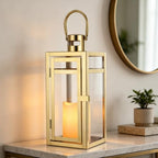 TRIROCKS Set of 2 Stainless Steel Decorative Lantern 12'' High Metal Candle Holder Outdoor Candle Lantern with Tempered Panels for Home Decor Living Room Parties Events Tabletop Indoor Outdoor (Gold) - Image 2