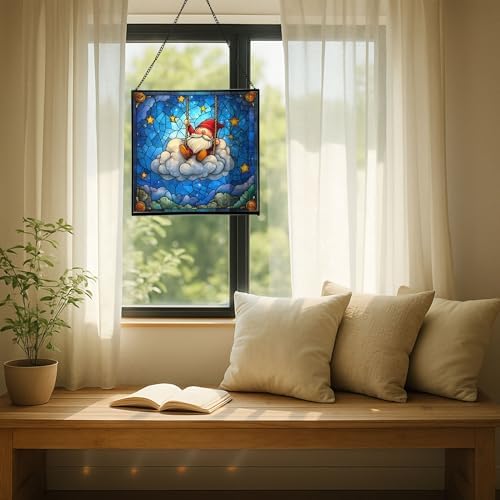 Cloud Gnome Swing Stained Glass Suncatcher – Square Hanging Window Panel for Home or Greenhouse – Whimsical Glass Art Gift for Garden Lovers, Christmas, Halloween, Father Days t3Lwaw - Image 7