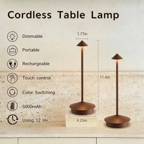 EJQ 2 Pack LED Cordless Table Lamp, Portable 6000mAh Rechargeable Aluminum, Touch Control Outdoor Table Lamp, 3 Color Dimmable Cordless Table Lamps for Restaurant, Patio, Bedroom, Outdoor - Brown - Image 2