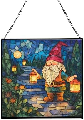 Lantern Path Gnome Stained Glass Suncatcher – Square Hanging Window Panel for Home or Greenhouse – Whimsical Glass Art Gift for Garden Lovers, Christmas, Halloween, Father Days B4TKHr by Custom