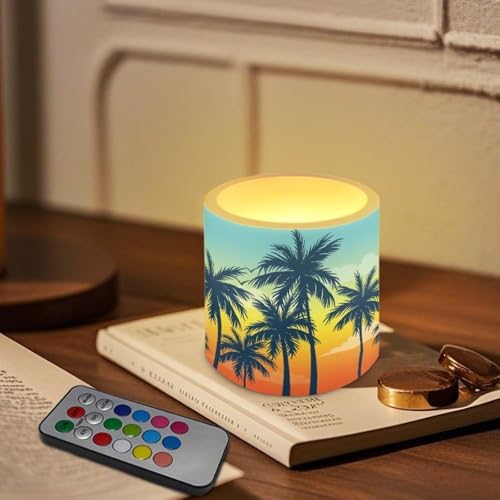 Flameless Votive Candles Sunset Glow Palm Coconut Tree Pattern 4 Pcs LED Pillar Candle Tealights Long Lasting with Remote Timer for Indoor Outdoor Coastal Home Decoration - Image 3