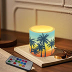 Flameless Votive Candles Sunset Glow Palm Coconut Tree Pattern 4 Pcs LED Pillar Candle Tealights Long Lasting with Remote Timer for Indoor Outdoor Coastal Home Decoration - Image 3
