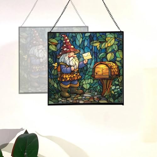 Gnome Mail Delivery Stained Glass Suncatcher – Square Hanging Window Panel for Home or Greenhouse – Whimsical Glass Art Gift for Garden Lovers, Christmas, Halloween, Father Days HyLaaA - Image 4