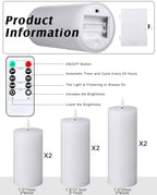 VIHOSE 6 Pack White Flameless Candles Set with Remote and Timer Flickering Flameless Battery Candles Flat Top LED Pillar for Wedding Outdoor Home Festival Decoration(D 3" H 6" 7" 8") - Image 2