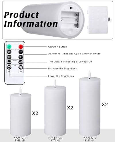 VIHOSE 6 Pack White Flameless Candles Set with Remote and Timer Flickering Flameless Battery Candles Flat Top LED Pillar for Wedding Outdoor Home Festival Decoration(D 3" H 6" 7" 8") - Image 2