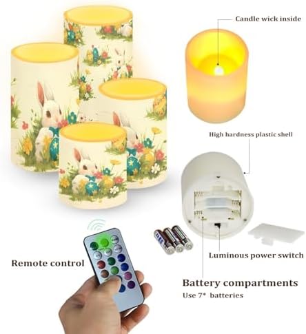 Easter Bunny Flickering Flameless Candles with Remote and Timers 4 Pack Battery Operated LED Candles for Home Decoration Pillar Lights Easter Day Gifts - Image 2