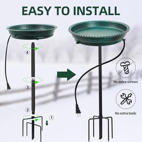 Heated Bird Bath for Outdoors for Winter, 75W Bird Bath Water Heater Bird Bath Deicer,Deep Bowl Thermostatic Control Weather Resistance Available with Stable Metal Pole for All Seasons(Green) - Image 6