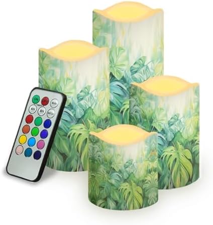 Palm Leaf Battery Operated Candles with Flickering Flame 4 Pack LED Pillar Candles with Remote Realistic Flameless Lights for Outdoor Patio Poolside or Garden Path Holiday Gifts by YUVAMAGIMO