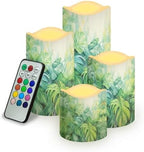 Palm Leaf Battery Operated Candles with Flickering Flame 4 Pack LED Pillar Candles with Remote Realistic Flameless Lights for Outdoor Patio Poolside or Garden Path Holiday Gifts by YUVAMAGIMO