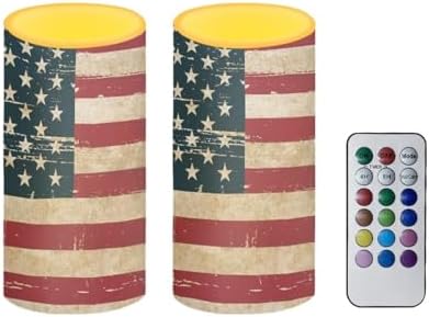 4th of July Flamless Candles Flickering LED Battery Operated Elictric Pillar Candles with Timer and Remote for Independence Day Patriotic Decorations, Retro American Flag by Merkmak