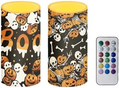 Flameless Candles with Remote and Timers Battery Operated Candles Halloween Day LED Pillar Candles for Home Party Decorations, Ghost Boo Skeleton Print by Merkmak