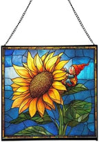 Sunflower Climb Gnome Stained Glass Suncatcher – Square Hanging Window Panel for Home or Greenhouse – Whimsical Glass Art Gift for Garden Lovers, Christmas, Halloween, Father Days 6Bzlqz by Custom