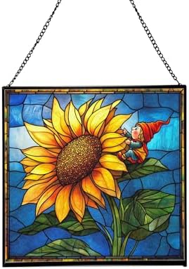 Sunflower Climb Gnome Stained Glass Suncatcher – Square Hanging Window Panel for Home or Greenhouse – Whimsical Glass Art Gift for Garden Lovers, Christmas, Halloween, Father Days 6Bzlqz by Custom
