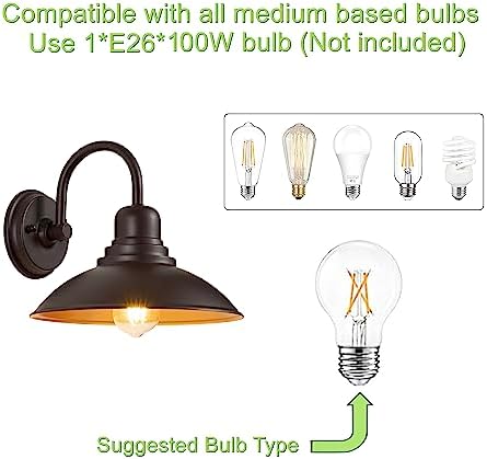 GOLDHILL 10.5" Bronze Gooseneck Metal Outdoor Barn Light 2-Pack, Powder Coated Anti-Rust Farmhouse Exterior Wall Sconce with Gold Interior, Wet Location Rated for Porch, Garage, Bathroom Vanity - Image 4