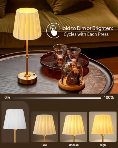 EppieBasic Cordless Table Lamp Rechargeable: Fast Charging & Long Lasting - 2700K Warm Light Vintage Gold Lamps - Dinning Living Room Bedroom - Pleated Shade - 2 Pack - Image 5
