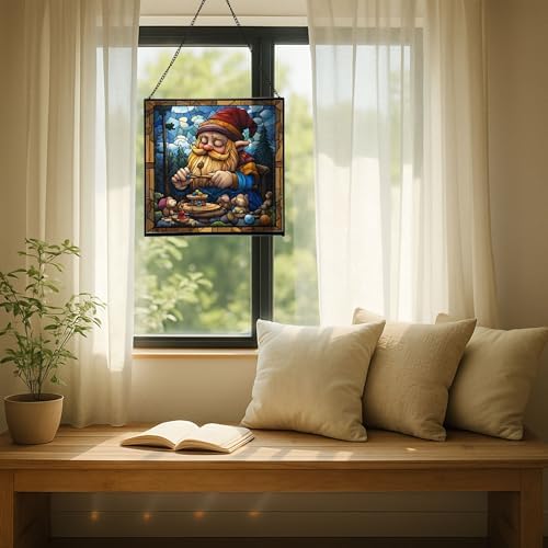 Gnome with Wooden Toys Stained Glass Suncatcher – Square Hanging Window Panel for Home, Garden, Nursery, Halloween, Christmas, Memorial Day – Whimsical Glass Art Gift for Gnome Lovers wkbozm - Image 7