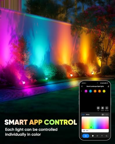 GZBtech Waterproof Landscape Spotlights 4-Pack, 24V RGB+IC+CCT Color Changing Outdoor Pathway Lighting, App&Remote Control Work with Alexa, Aluminum Dimmable LED Spot Light for Garden Yard Decor - Image 4
